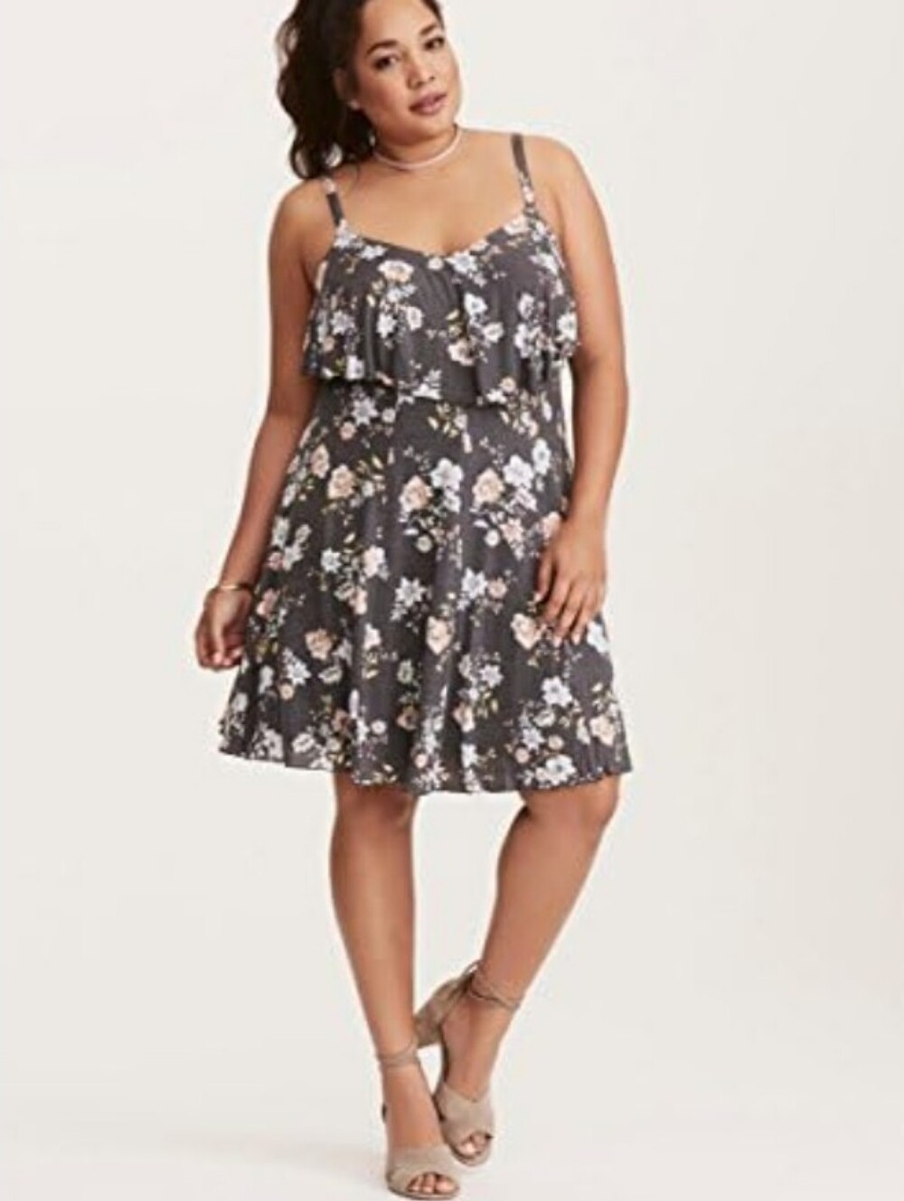 2x Plus Size Floral Ruffled Knit Sundress Charcoal Gray Soft Summer